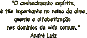 "O conhecimento esprita,
 to importante no reino da alma,
quanto a alfabetizao 
nos domnios da vida comum."
Andr Luiz