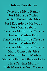 Caixa de texto: Outros PresidentesDelacir de Melo RamosJos Maria de CastroAnsio Roberto da SilvaJos Eduardo de MedeirosJos Maria SabinoFrancisca Martins de OliveiraGustavo Martins FilhoFrancisca Martins de OliveiraGustavo Martins FilhoFrancisca Martins de OliveiraMrio Gomes da SilvaCarlos Humberto MartinsMaria de Ftima Oliveira LeiteLvia Cristina MartinsStela Maris Cardoso CaixetaCarlos Humberto Martins