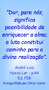 Caixa de texto: Dor, para ns, significa possibilidade de enriquecer a alma; a luta constitui caminho para a divina realizao.
Andr Luiz Nosso Lar - p.44
Ed. FEB
Psicografado por Chico Xavier